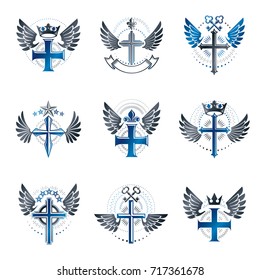 Christian Crosses emblems set. Heraldic Coat of Arms decorative logos isolated vector illustrations collection.