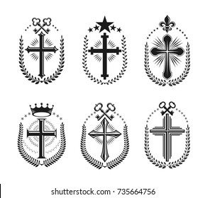 Christian Crosses emblems set. Heraldic vector design elements collection. Retro style label, heraldry logo.