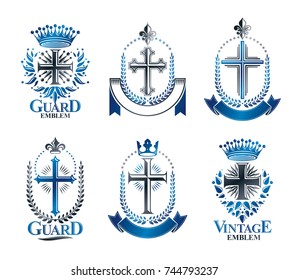 Christian Crosses emblems set. Heraldic vector design elements collection. Retro style label, heraldry logo.