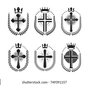 Christian Crosses emblems set. Heraldic vector design elements collection. Retro style label, heraldry logo.