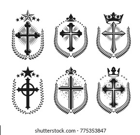 Christian Crosses emblems set. Heraldic vector design elements collection. Retro style label, heraldry logo.