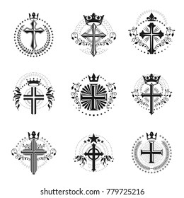 Christian Crosses emblems set. Heraldic Coat of Arms decorative logos isolated vector illustrations collection.