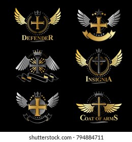 Christian Crosses emblems set. Heraldic Coat of Arms decorative logos isolated vector illustrations collection.