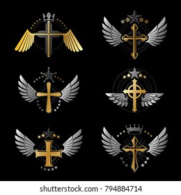 Christian Crosses emblems set. Heraldic Coat of Arms decorative logos isolated vector illustrations collection.