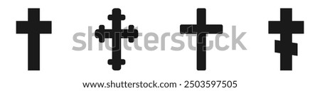 Christian crosses icon set in black silhouette isolated on white background. Catholic, orthodox, protestantism crosses. Religious symbols concept. Church, the Bible decoration elements. Vector