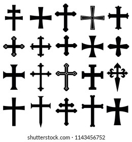 Christian crosses icons set. Different forms. Isolated on a white background. Vector illustration.