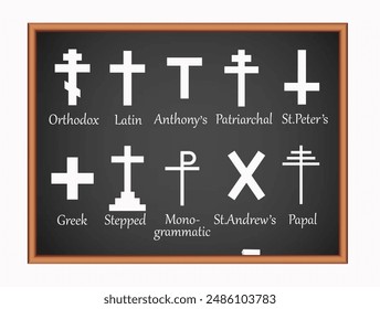 Christian crosses. Set of ten most important main religious symbols of Christianity. Vector illustration