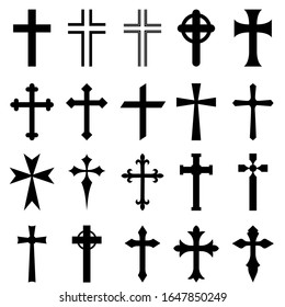 Christian crosses vector icon set. The cross is a symbol of Christianity. The death of Jesus Christ. Decorative
 crucifix religion catholic symbol, orthodox faith church cross design.