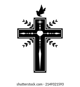 Christian crucifix cross with heart and pigeon bird black icon on white background flat vector icon design.