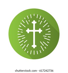 Christian crucifix with light around. Flat design long shadow icon. Easter cross. Vector silhouette symbol