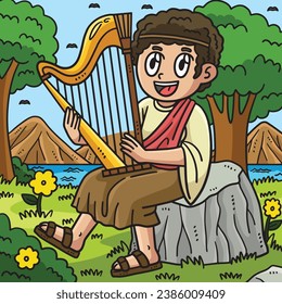 Christian David Playing the Harp Colored Cartoon