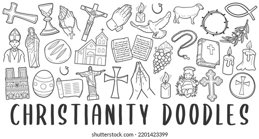 Christian Doodle Banner Icon. Catholic Religion Vector Illustration Hand Drawn Art. Line Symbols Sketch Background.