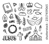 Christian doodles. Vector hand drawn illustrations about religion and church.  Line art religious illustrations. 