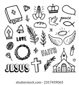 Christian doodles. Vector hand drawn illustrations about religion and church.  Line art religious illustrations. 