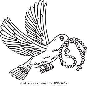 Christian Dove with Rosary Isolated Coloring Page