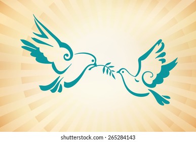 Christian dove, symbols of peace. Sun rays. Vector template for design