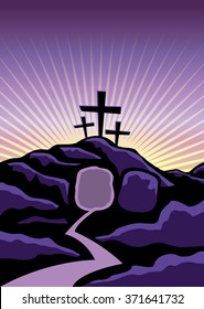 A Christian Easter background with empty tomb and crosses. Vector EPS 10 available.