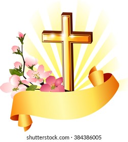 Christian Easter banner with cross, blooming twig and ribbon.