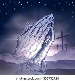 Christian Easter concept of three crosses on a hill and praying hands