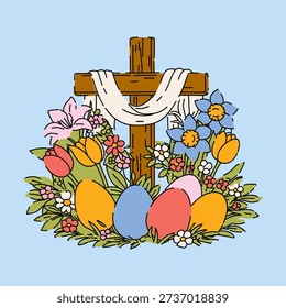 Christian Easter Cross Decorated with Spring Flowers