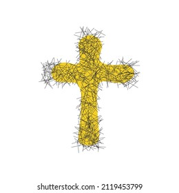 Christian easter cross hand drawn with yellow blob. Stock vector illustration isolated on white background.