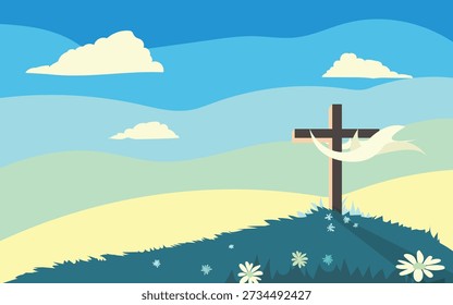 Christian easter day with landscape nature scenery and sunrise mountain view showing, wooden cross on top of the hill illustration.