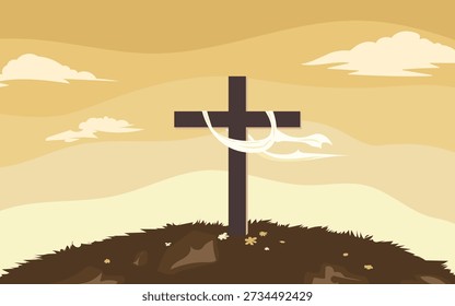 Christian easter day with landscape nature scenery and sunrise mountain view showing, wooden cross on top of the hill illustration.