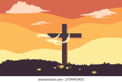 Christian easter day with landscape nature scenery and sunset mountain view showing, wooden cross on top of the hill illustration.