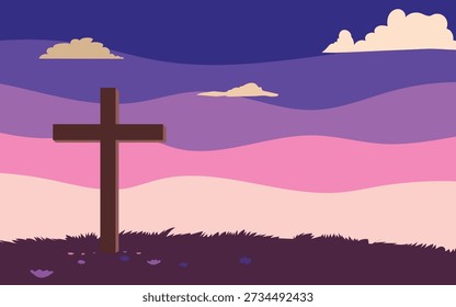 Christian easter day with landscape nature scenery and sunrise mountain view showing, wooden cross on top of the hill illustration.
