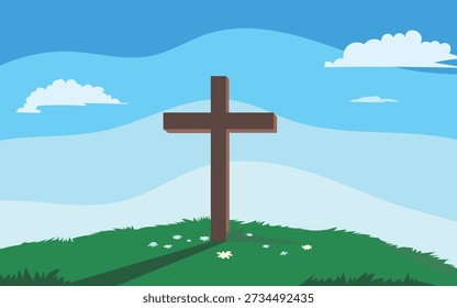 Christian easter day with landscape nature scenery and clear blue sky mountain view showing, wooden cross on top of the hill illustration.