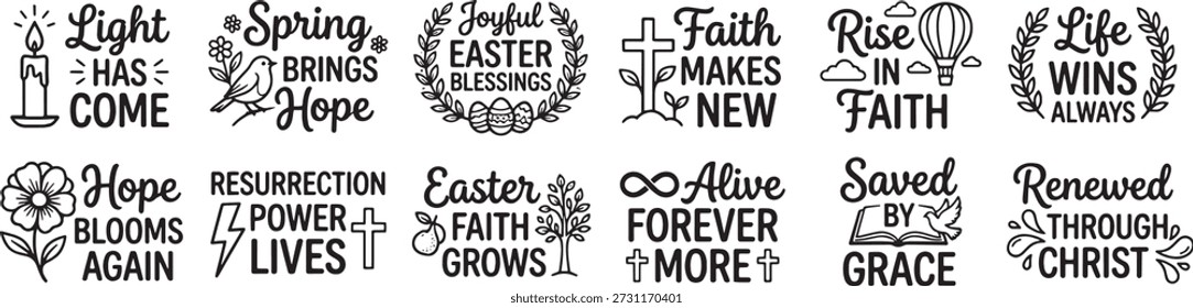Tipografia da Fé da Páscoa Cristã com citações de esperança de primavera e símbolos religiosos desenhados à mão para impressões de igrejas e projetos inspiradores