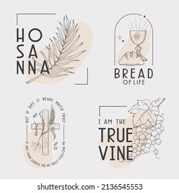 Christian easter and holly week line illusrtration set with Jesus Christ sayings. Can be used as inspiring christian interior prints or social media templates.