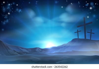 A Christian Easter illustration of three crosses on a hill