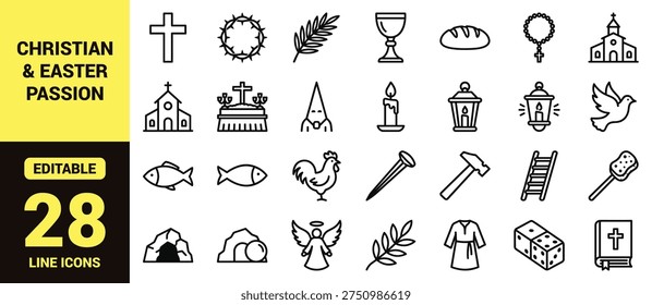 Christian and Easter Passion icon set with crosses, symbols of faith, resurrection elements, holy week imagery, and essential Christian ranking graphics in clean modern line‑art vector style
