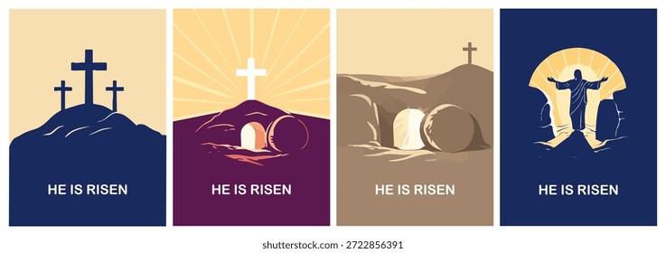 Cartel cristiano de Pascua con símbolos de resurrección: cruces en la colina, tumba vacía y Jesús resucitado. Ilustraciones vectoriales planas mínimas con el mensaje “He Is Risen” para diseños religiosos de Pascua.