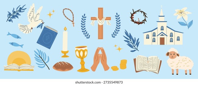 Christian Easter religious icon set with cross, Bible, church, dove, lamb, flowers and holy symbols. Flat vector illustration in modern cartoon style. Spiritual design elements for Catholic Holidays