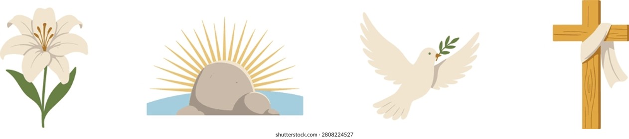 Christian Easter Religious Symbol Set with Resurrection Tomb Sunrise White Lily Flower Holy Wooden Cross and Peace Dove with Olive Branch Vector.eps