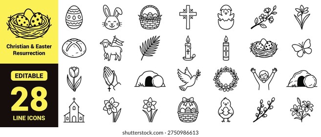 Christian and Easter resurrection icon set with crosses, tomb symbols, prayer, flowers, holy week imagery, and essential Christian ranking elements in clean modern line‑art vector style