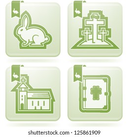 Christian Easter rituals:  Easter bunny, Crosses on the Mount of Olives, Church, Bible.