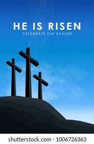 Christian easter scene, Saviour cross on dramatic sunrise scene, with text He is risen celebrate the Savior, vector illustration.