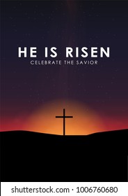 Christian easter scene, Saviour cross on dramatic sunrise scene, with text He is risen, vector illustration.