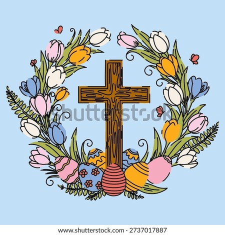 Christian Easter Symbol Cross with Flowers and Eggs