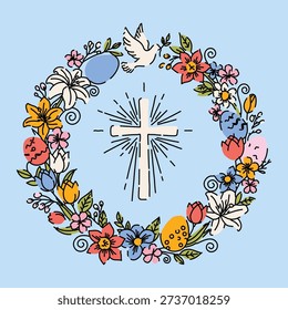Christian Easter Wreath with Cross Dove and Flowers