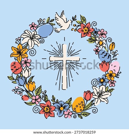 Christian Easter Wreath with Cross Dove and Flowers