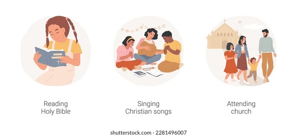 La educación cristiana aisló la ilustración vectorial de la caricatura. Muchacha cristiana leyendo la Sagrada Biblia sola, grupo de adolescentes diversos cantando canciones religiosas, niños asistiendo a dibujos animados vectores de iglesias.