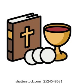 Christian Eucharist Symbols with Bible, Chalice, and Communion Hosts Illustration