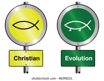 Christian and Evolution graphic and text signs mounted on post