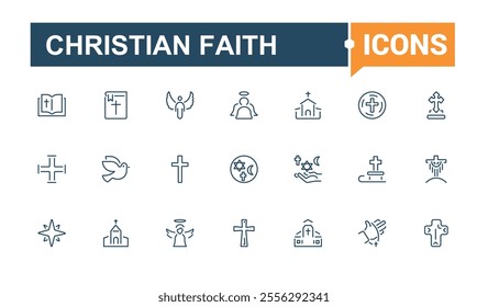 Christian Faith icon set. Contains related to set, bridge, god, line, faith, catholicism, colorful, crucifixion. Perfect for logos and infographics. Editable stroke. Vector illustration.