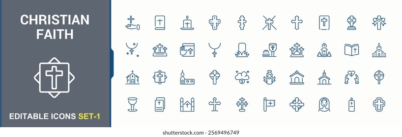 Christian Faith icons set in linear style. Includes icons for christ, religion, spiritual, belief, church, religious, pray and more. Symbol. Editable vector stroke.