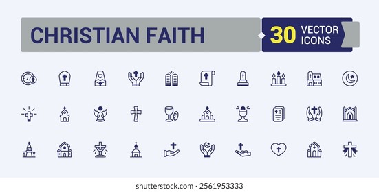 Christian Faith line icons set. Containing christian, belief, jesus, religion, catholic, holy, god and more. Collection for mobile and web apps. Vector illustration in modern line style.